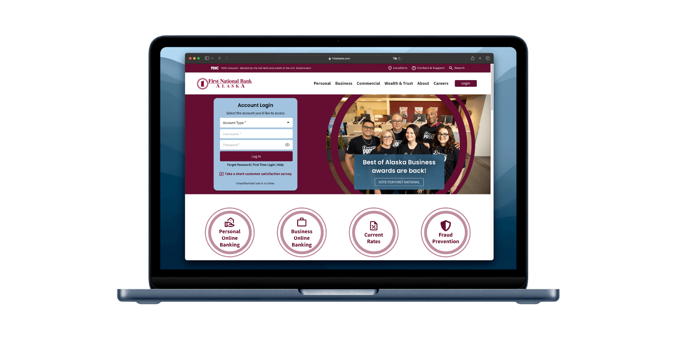 First National Bank of Alaska website redesign displayed on a laptop.