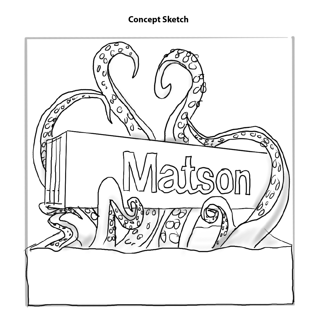 Concept sketch for the kraken-themed snow sculpture.